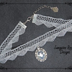 SILVER LACE PENDANT Choker Necklace, Silver Lace Diamonte Choker, Elegant Unique Choker