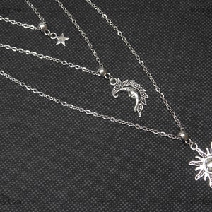 SUN MOON STAR Necklace, Triple Necklace, Pagan Necklace, Celestial Necklace, Wicca Necklace, Silver Necklace, Handmade, Adjustable image 1