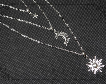 Sun Moon Star Necklace: Handmade Silver Celestial Triple Layer