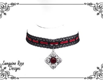 VICTORIAN GOTHIC PENDANT Choker, Black And Red Lace Choker, Gothic Pendant Choker, Handmade, Adjustable, Various Sizes