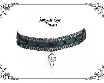 RAVEN GREEN BLACK Choker Necklace, Gothic Raven Choker, Pagan Wicca Choker Necklace, Green & Black Satin Choker, Adjustable, Various Sizes