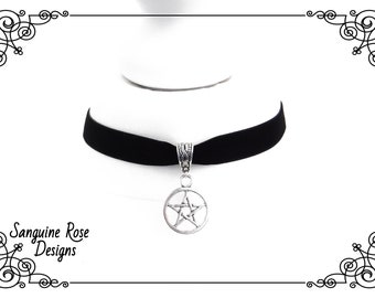 PENTAGRAM VELVET CHOKER Necklace in Black  | Gothic Pagan Wicca Choker | Various Sizes Choker