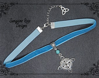 CELTIC CROSS CHOKER Necklace, Triquetra Cross Choker, Turquoise Blue Velvet Choker, Pagan Choker, Unique Choker, Wicca Choker, Adjustable