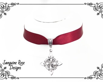 CELTIC CROSS CHOKER Necklace, Burgundy Satin Choker, Red Choker, Pagan Choker, Wicca Choker, Cross Jewellery, Adjustable, Various Size