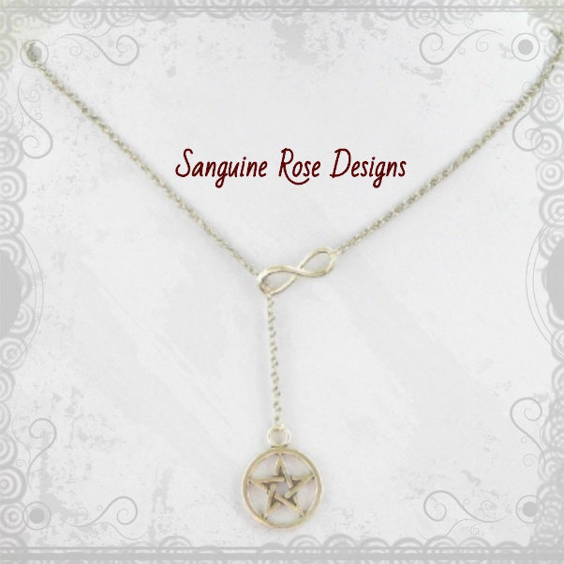 Silver Necklace Lariat Pentagram Necklace Wicca Necklace PENTAGRAM INFINITY Y Necklace Pendant Pagan Necklace