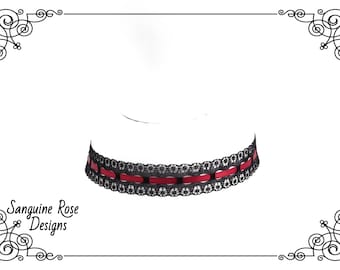 Red Choker Necklace - Red And Black Lace Choker - Gothic Choker - Elegant Choker - Timeless Choker - Handmade- Adjustable - Various Size