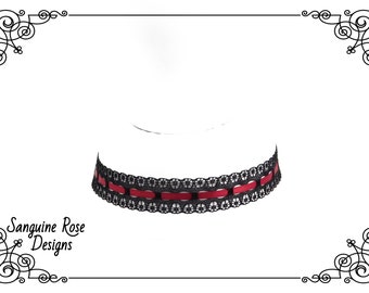 Red Choker Necklace - Red And Black Lace Choker - Gothic Choker - Elegant Choker - Timeless Choker - Handmade- Adjustable - Various Size