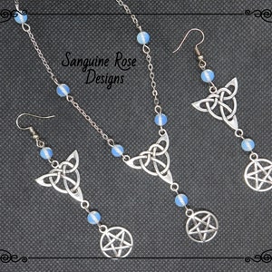 Ensemble collier et boucles d&#39;oreilles Wicca païenne PENTAGRAMME TRIQUETRA PIERRE DE LUNE