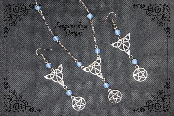 Orecchini Celti In Argento 925 Con Pietra Di Luna – Design Tripla Luna Wicca Vintage - 2