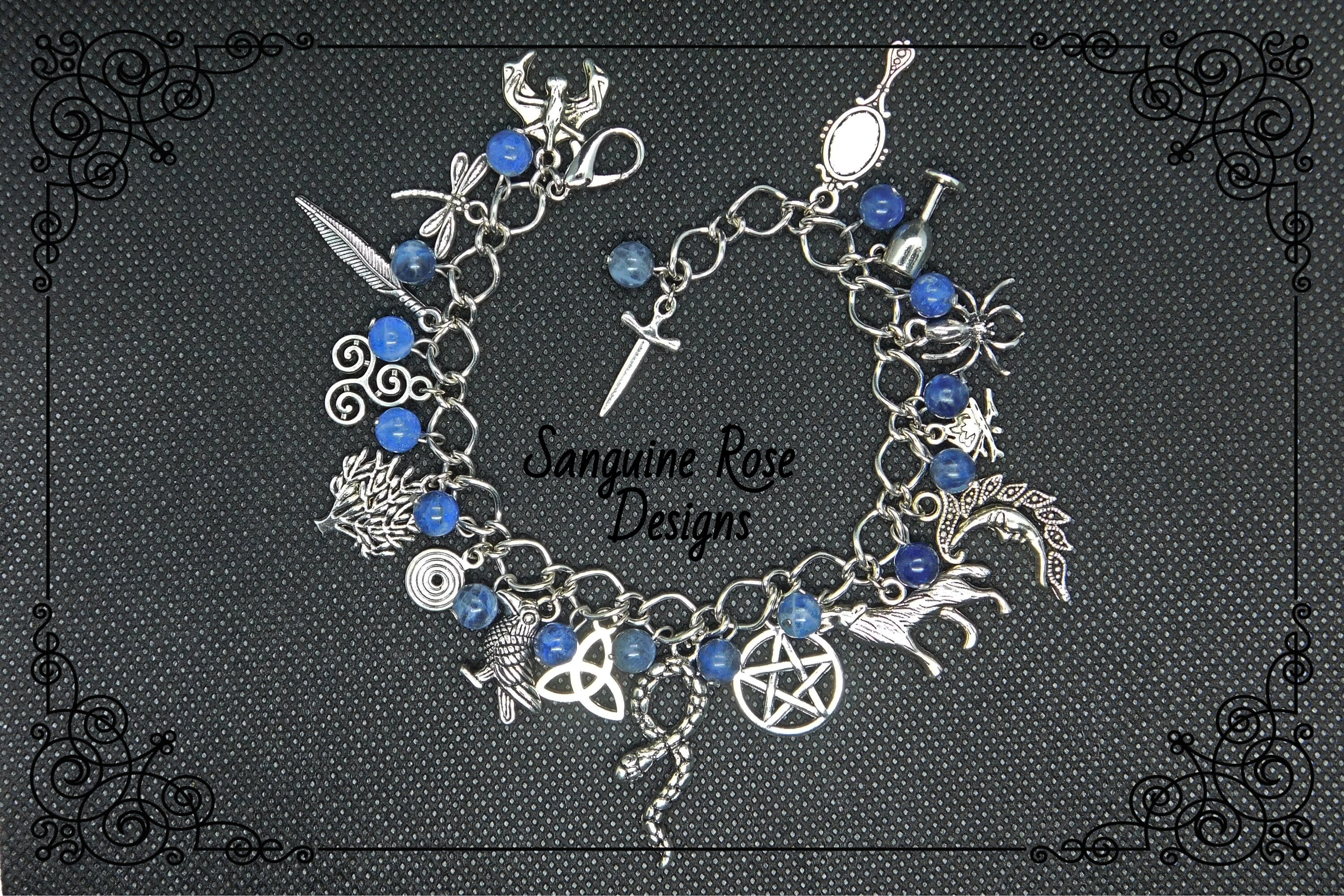 PAGAN WICCA Charm Bracelet in Sodalite Amethyst Onyx Garnet Lapis Moonstone Tigers Eye White Jade Carnelian | Various Sizes