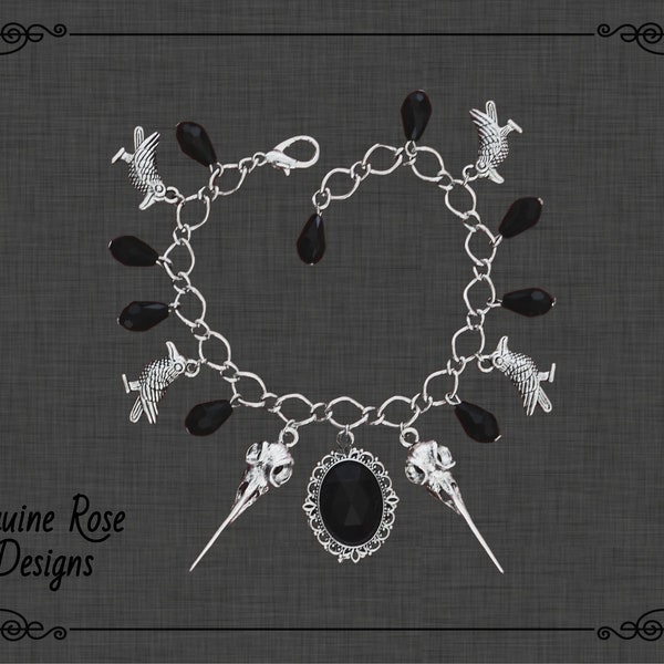 RAVEN BLACK BEADED Bracelet, Gothic Charm Bracelet, Pagan Bracelet