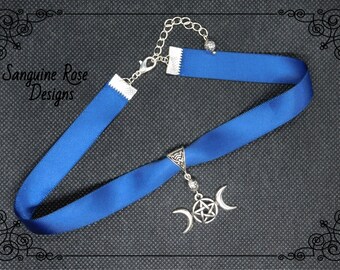 Triple Moon Goddess Choker - Royal Blue Satin Choker Necklace with Wiccan Pendant - Unique Gift - Pagan Jewelry