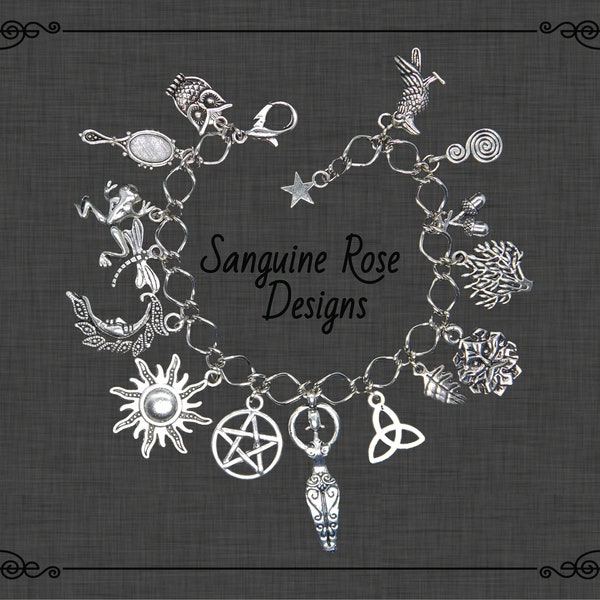 SILVER PAGAN CHARM Bracelet, Wicca Silver Charm Bracelet, Witch Bracelet, Goddess Bracelet, Moon Bracelet, Various Length, Choose Fastening