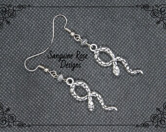 SERPENT SNAKE EARRINGS,  Gothic Serpent Earrings, Silver Snake Earrings, Drop Snake Serpent Earrings
