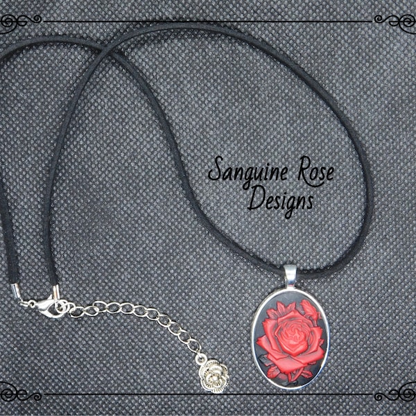 GOTHIC RED ROSE Choker Necklace | Sanguine Rose Dark Necklace | Dark Red Gothic Blood Red Pendant | Black Velvet Edwardian Choker