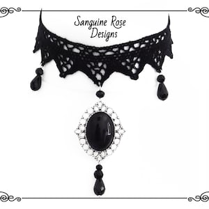 VICTORIAN GOTHIC ANHÄNGER Choker Halskette, Gothic Mourning Schwarze Spitze Choker Halskette, Perlen Choker, Handgemacht, Einstellbar, Verschiedene Größen