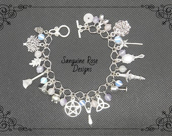 MULTI GEMSTONE PAGAN Charm Bracelet, Amethyst, Rose Quartz, Moonstone, Wicca Bracelet, Witch Charm Bracelet, Handmade, Various Lengths