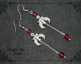 VAMPIRE BAT EARRINGS, Gothic Vampire Clip On Or Pierced Earrings, Bat Dangle Earrings, Folklore Silver Earrings