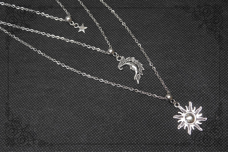 SUN MOON STAR Necklace, Triple Necklace, Pagan Necklace, Celestial Necklace, Wicca Necklace, Silver Necklace, Handmade, Adjustable image 4