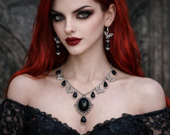 Black Beaded Bat Necklace and Earrings Set – Gothic Victorian Jewelry with Black Teardrops