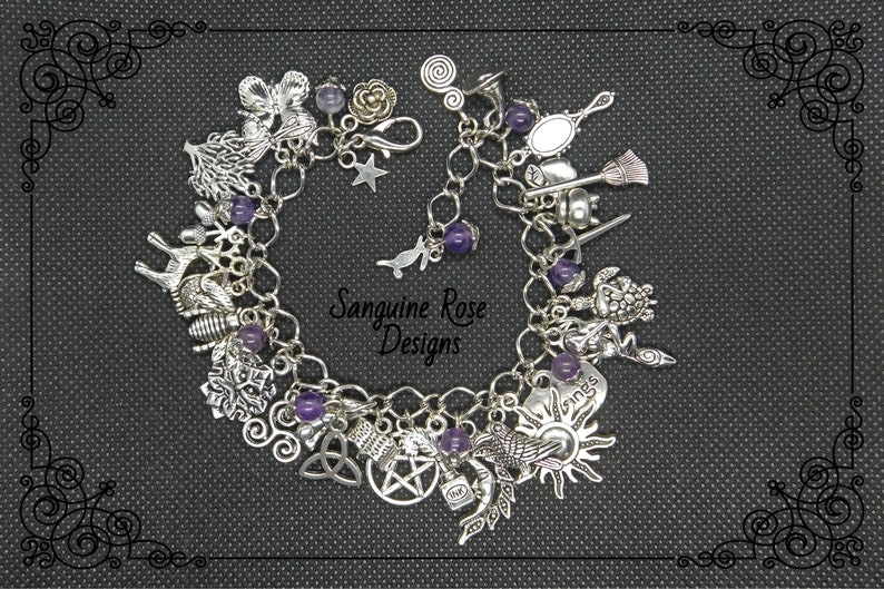 Fully Loaded Charm Bracelet Witch Bracelet Wicca Silver Charm Bracelet AMETHYST PAGAN CHARM Bracelet