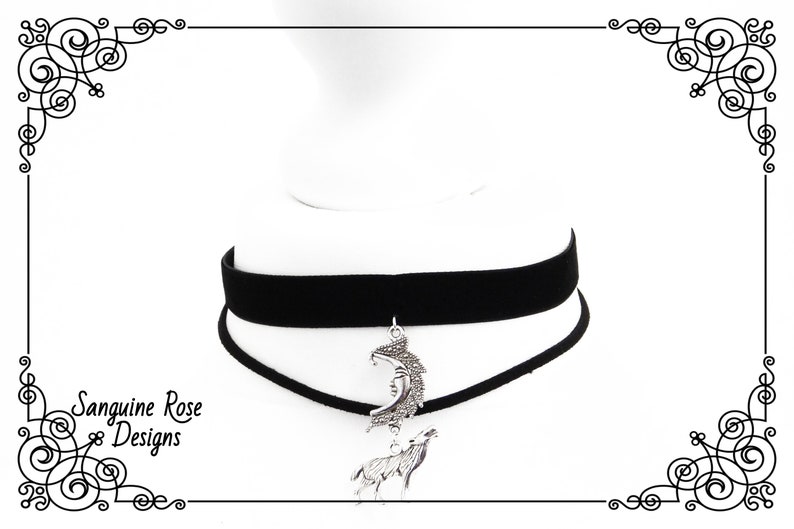 WOLF MOON DOUBLE Choker Necklace, Gothic Choker, Double Necklace, Wolf Moon Choker, Black Velvet Choker, Adjustable, Various Sizes image 4