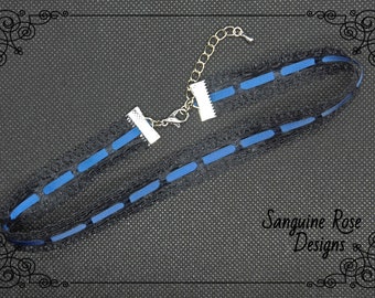 Black Lace Choker Necklace, Blue Ribbon Gothic Victorian Pendant