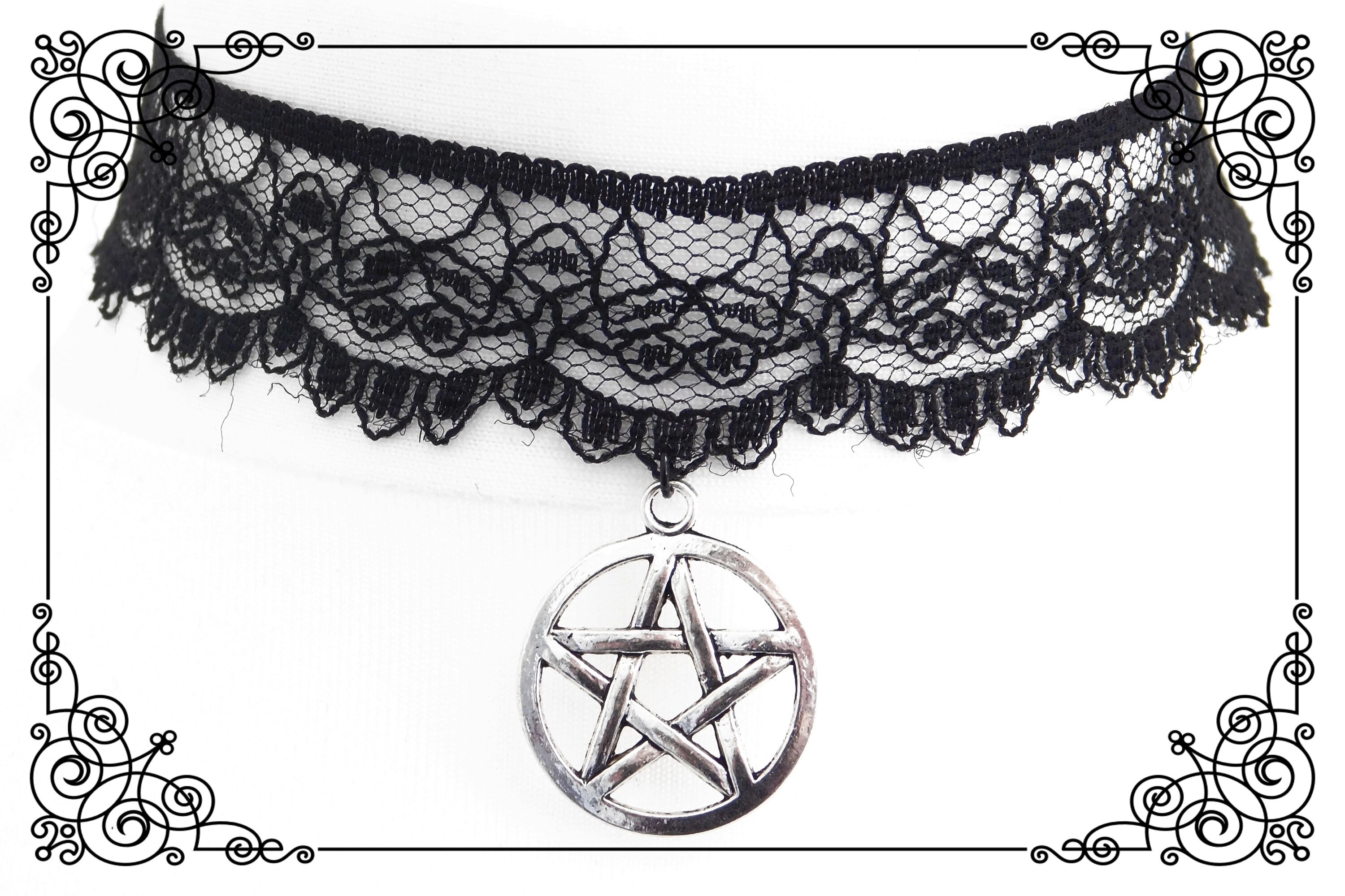 PENTAGRAM PENTACLE BLACK Lace Choker Necklace, Gothic Black Choker ...