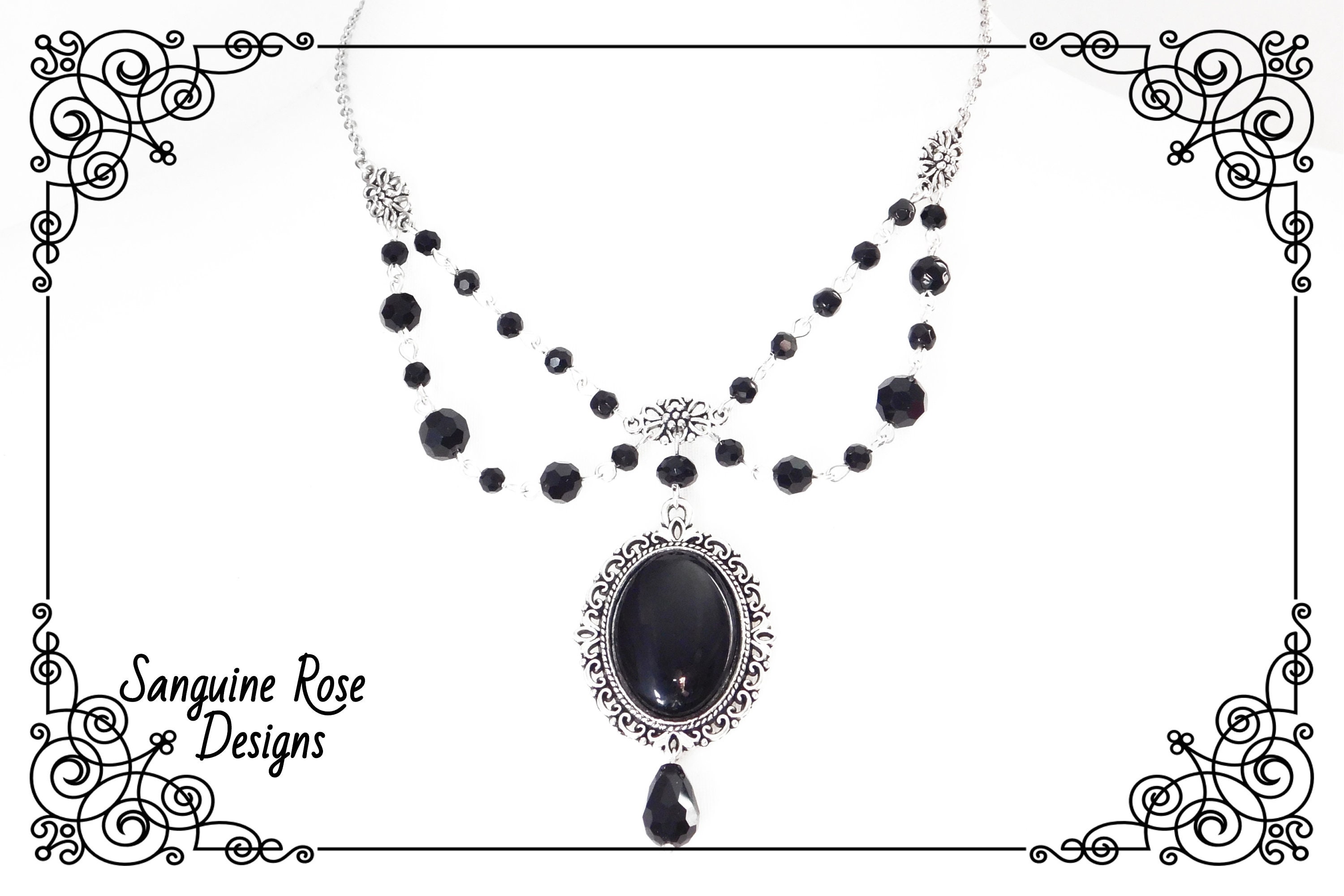 Vintage Necklace Gift For Her,BE1 Beaded Necklace Vintage Beaded Necklace Goth Necklace Gothic Necklace 25 Inch Black Beaded Necklace