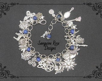 LAPIS LAZULI PAGAN Charm Bracelet, Wicca Silver Charm Bracelet, Witch Bracelet, Fully Loaded Charm Bracelet