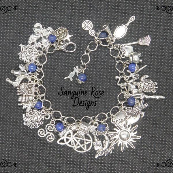 LAPIS LAZULI PAGAN Charm Bracelet, Wicca Silver Charm Bracelet, Witch Bracelet, Fully Loaded Charm Bracelet