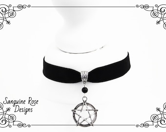 Black Velvet Pentagram Choker, Pagan Star Necklace, Adjustable