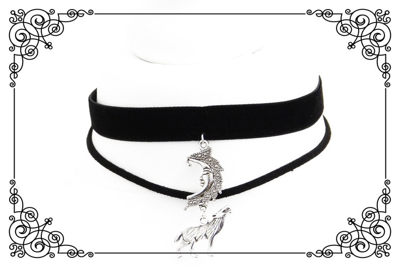 WOLF MOON DOUBLE Choker Necklace, Gothic Choker, Double Necklace, Wolf Moon Choker, Black Velvet Choker, Adjustable, Various Sizes image 3