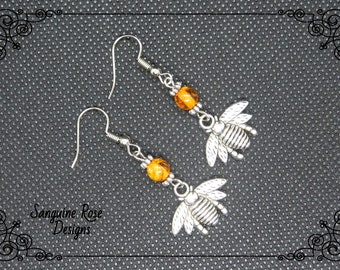 Honey Bee Earrings - Pagan Earrings - Citrine Jewelry - Bumble Bee Gift - Clip On Bee Earrings