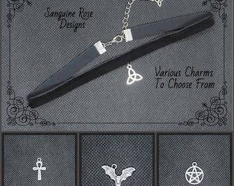 Pagan Wicca Black Velvet Charm Choker, Various Charms To Choose From, Adjustable, Various Sizes