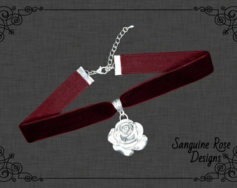 Dark Red Velvet Rose Choker - Silver Rose Red Gothic Necklace - Prom Jewellery - Burgundy Collar Pendant - Flower Jewellery