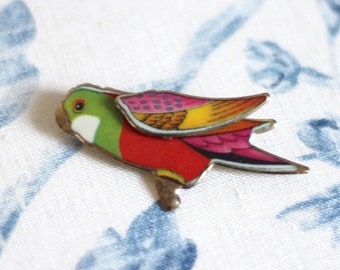 vintage enamel parrot brooch, 1990ies jewelry, colourful jungle bird