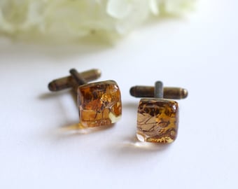 Elegant vintage gold leaf cufflinks, men's accessories, gifts for him, men's jewelry, amber look