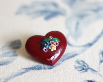 vintage red heart brooch with small flowers, plastic brooch from the 1970s
