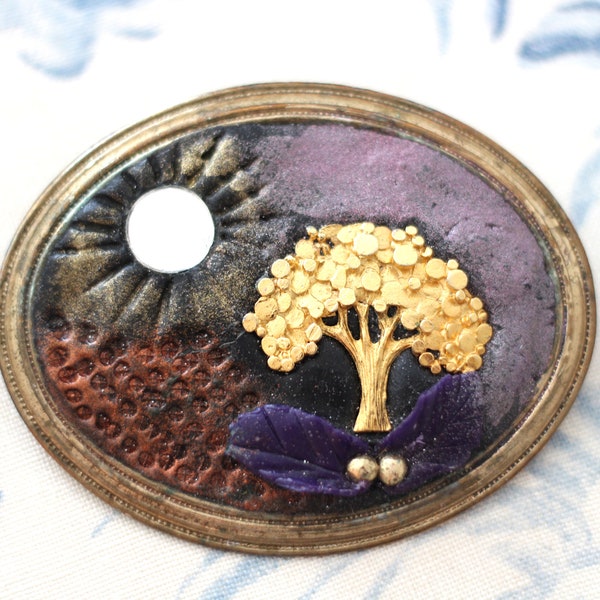 Violet vintage brooch with golden tree and mirror, Klimt inspired