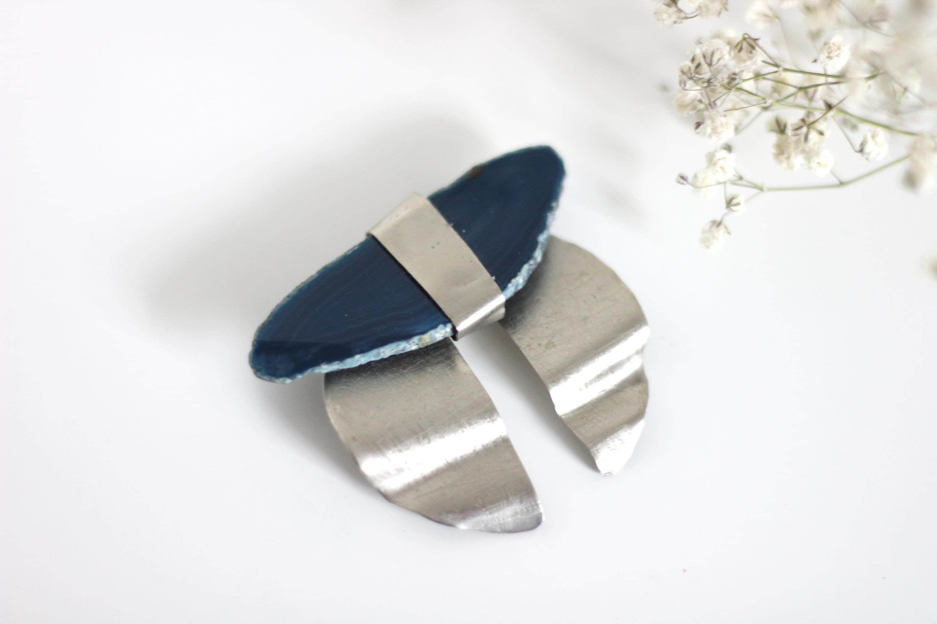 Broche Ancienne En Argent Massif Sterling Avec Agate Véritable - Bijou Vintage - Occasion