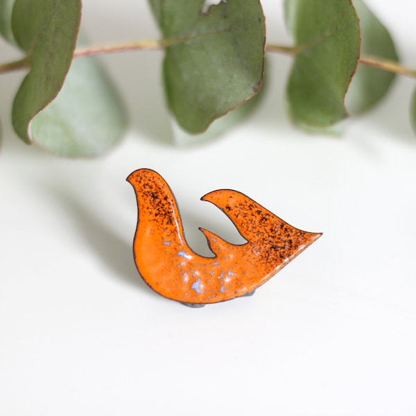 vintage enamel brooch orange, abstract bird black speckled, 1970s jewelry