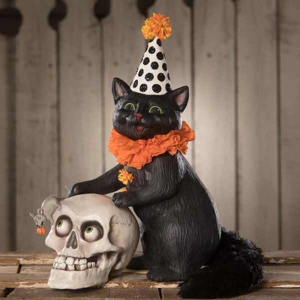 Bethany Lowe Halloween Purr-fect Catch Cat with Skull