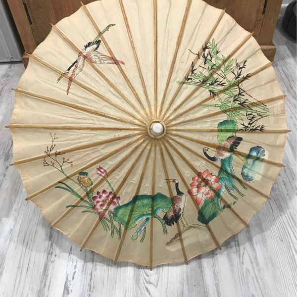 Vintage Chinese Rice Paper Bamboo Umbrella
