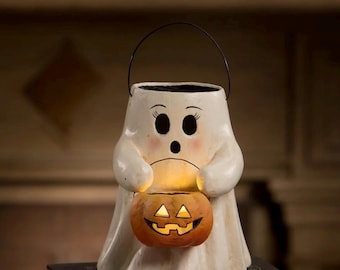 Bethany Lowe Halloween Sweet Boo With Pumpkin Bucket Paper Mache