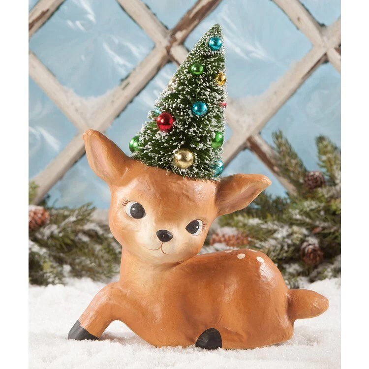 Large Paper Mache Resting Merry & Bright Reindeer