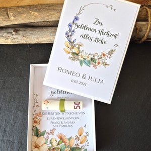 Geldgeschenk Goldene Hochzeit mit Namen | Glückwunschkarte Goldene Hochzeit | Geschenkbox für das Jubelpaar | Wünsche zur Goldenen Hochzeit