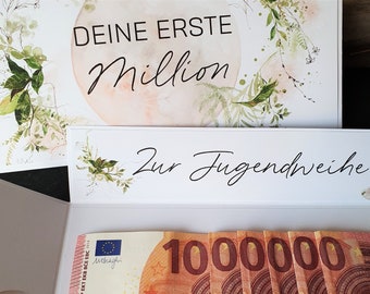 Geldgeschenk zur Jugendweihe liebevoll verpackt – mit persönlicher Aufklappkarte, Geldgeschenk Erste Million, Explosionsbox Jugendweihe