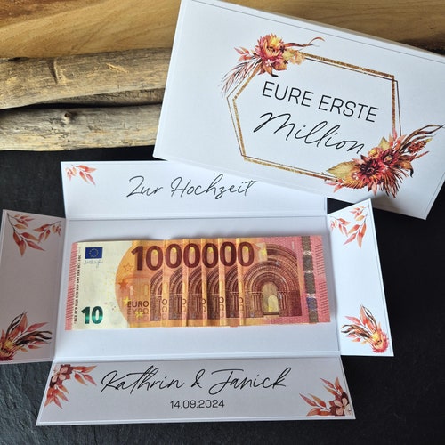 Your first million for your wedding in terracotta, explosion box for cash gifts in rustic boho style, personalized with names and date