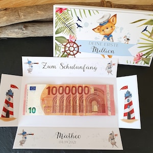 Geldgeschenk Einschulung Junge, Pop-Up Karte mit Name, Geschenkbox Schulanfang personalisiert, maritime Explosionsbox für ein Schulkind